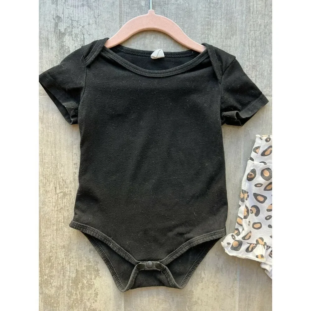 Los Angeles Boutique Black Bodysuit & Cotton Leopard Shorts Set Outfit Cute 18M
